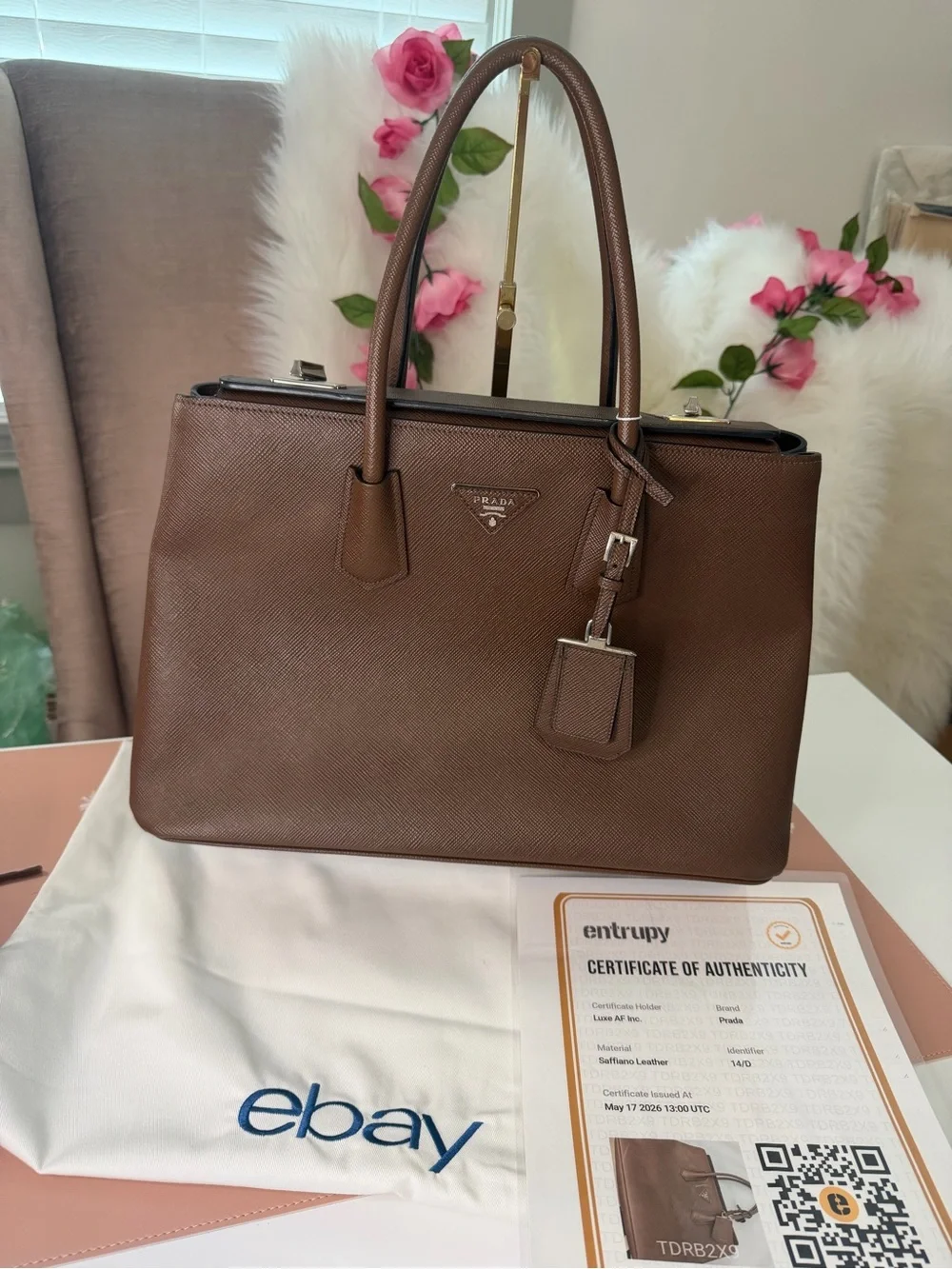 Prada Galleria Double Zip Tote Brown Saffiano Executive Handbag w/ 2 COA